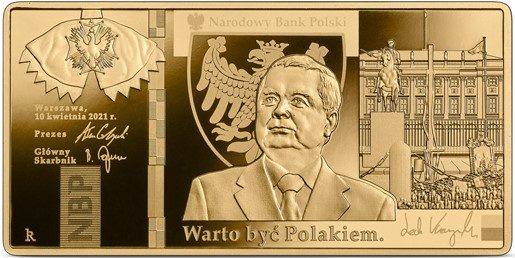 Rewers monety 500-złotowej dedykowanej Lechowi Kaczyńskiemu z 2021 roku